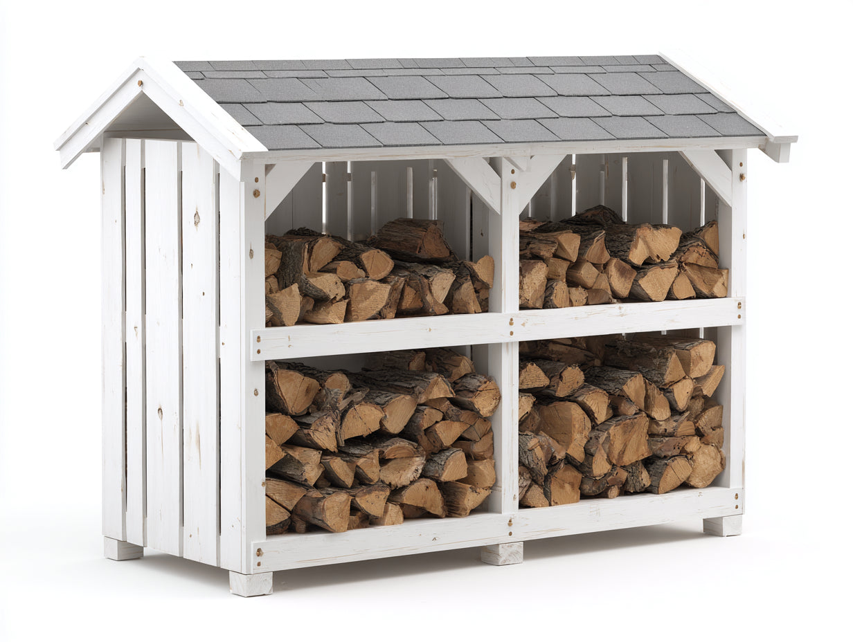 Leñero de jardín de madera 210x62x170 cm - blanco natural y gris oscuro - diseño amplio con tejado