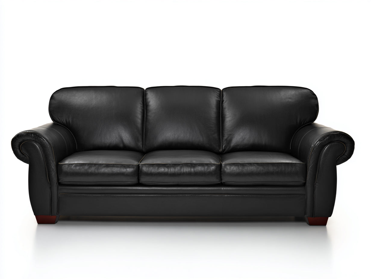 Sofás 3 plazas de cuero sintético 215x88x82 cm - Negro - Con reposabrazos enrollados - Estilo clásico
