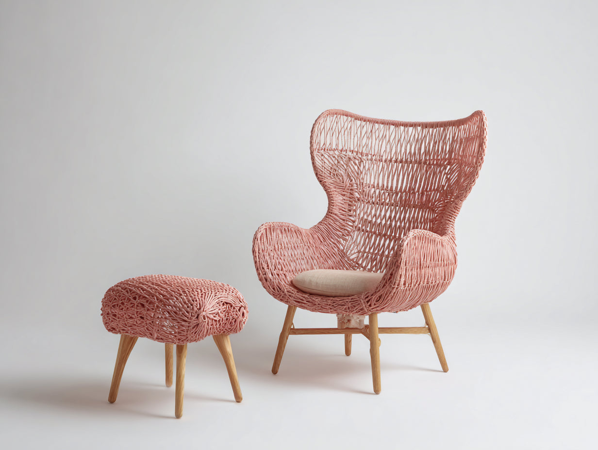 Sillón de ratán con reposapiés 95x85x105 cm - rosa-natural - exterior e interior - respaldo alto trenzado