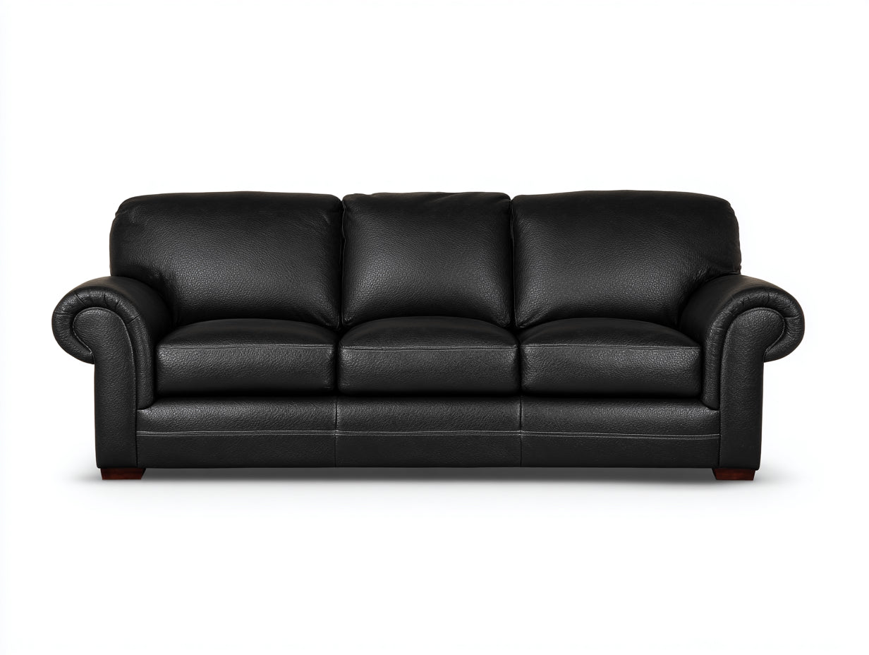Sofás 3 plazas de cuero sintético 210x88x82 cm - Negro - Con reposabrazos enrollados - Estilo clásico