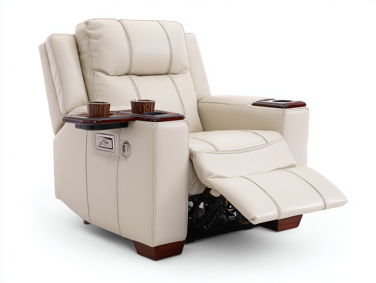 Sillones reclinables tapizados en efecto cuero crema 110x98x108 cm para salón con reposapiés bandeja auxiliar y portavasos estilo moderno