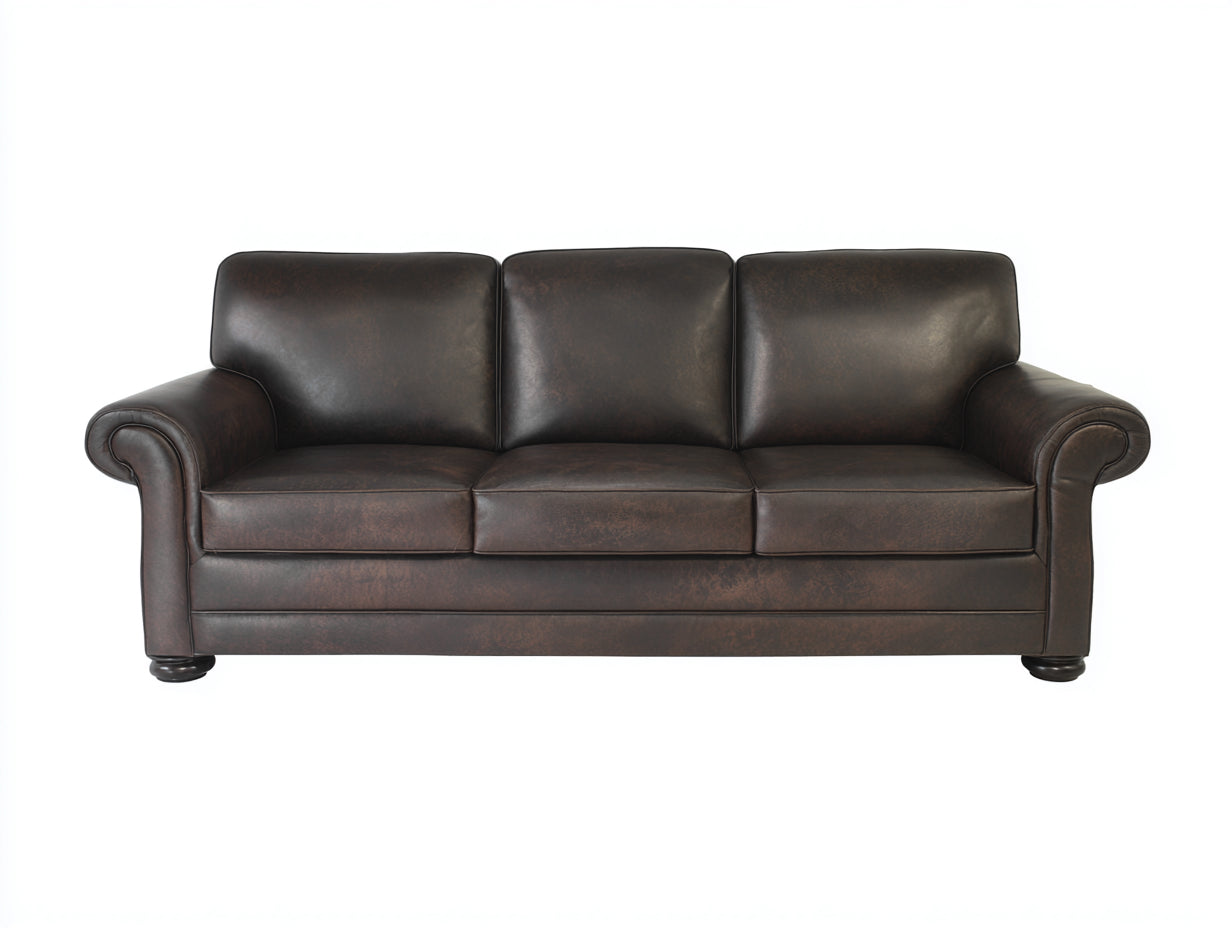 Sofás 3 plazas 216x87x83 cm - tapizado marrón oscuro efecto cuero - diseño clásico