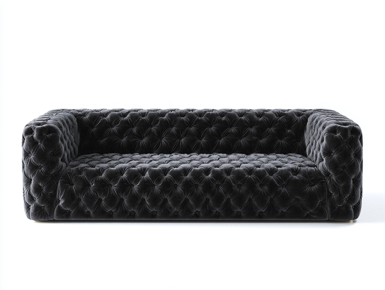Sofás lineales de terciopelo negro 238x96x74 cm para salón - diseño capitoné contemporáneo