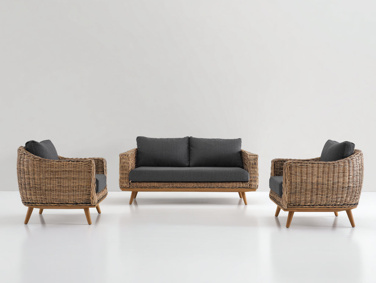 Sofás de exterior de ratán trenzado 210x78x74 cm - natural-gris oscuro - conjunto con sillones