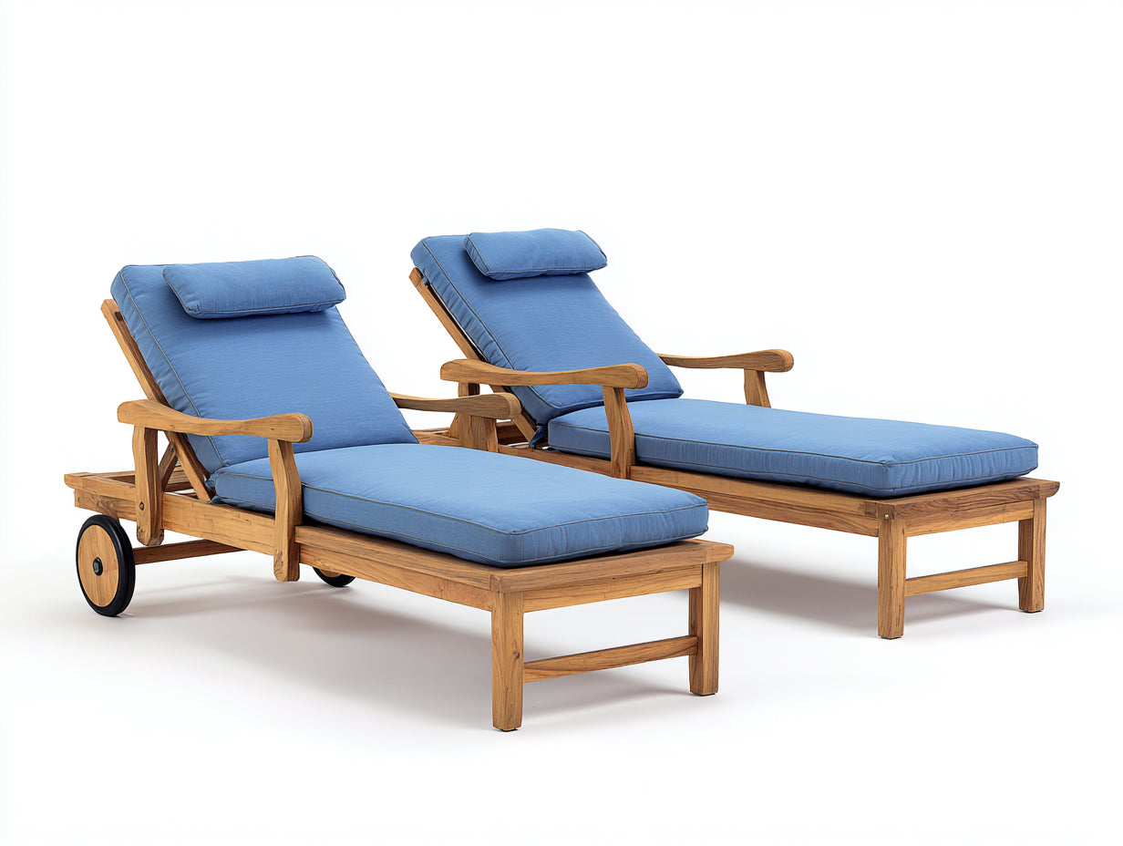 Tumbonas de madera maciza 202x72x84 cm - madera natural-azul-negro - respaldo reclinable con reposabrazos