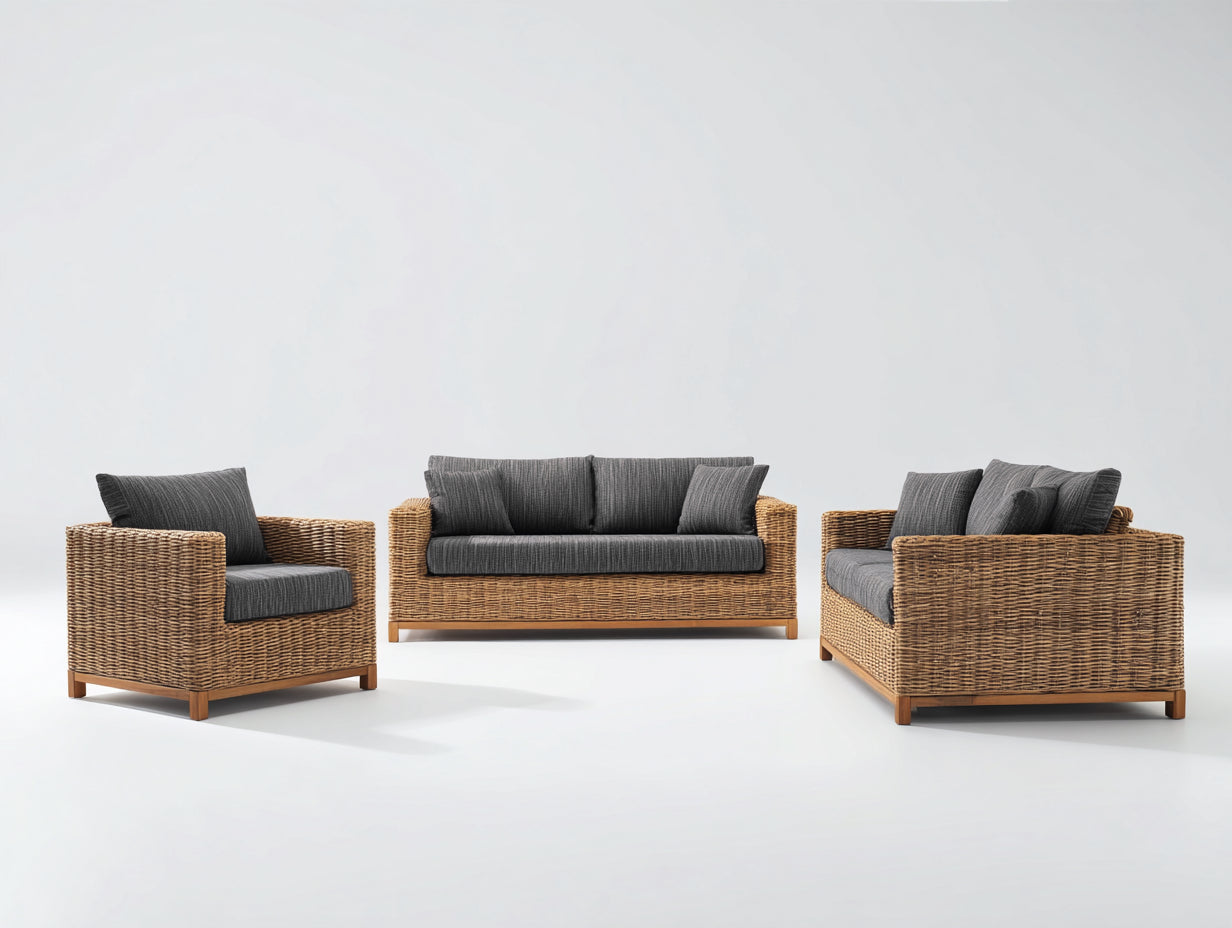 Sofás de exterior de ratán trenzado 3 piezas marrón natural y gris para jardín estilo moderno