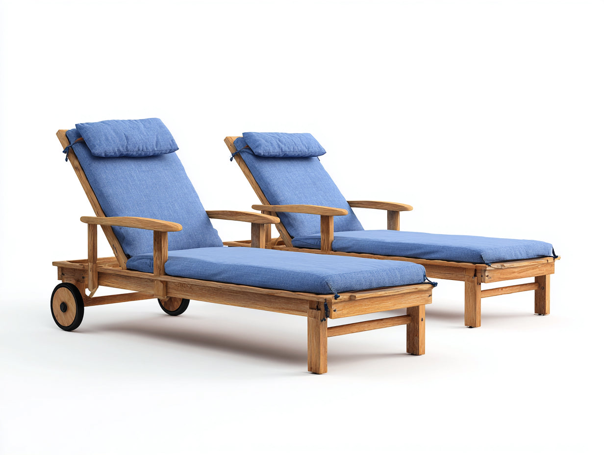 Tumbonas de madera 200x72x92 cm azul y marrón natural para exterior con ruedas estilo clásico