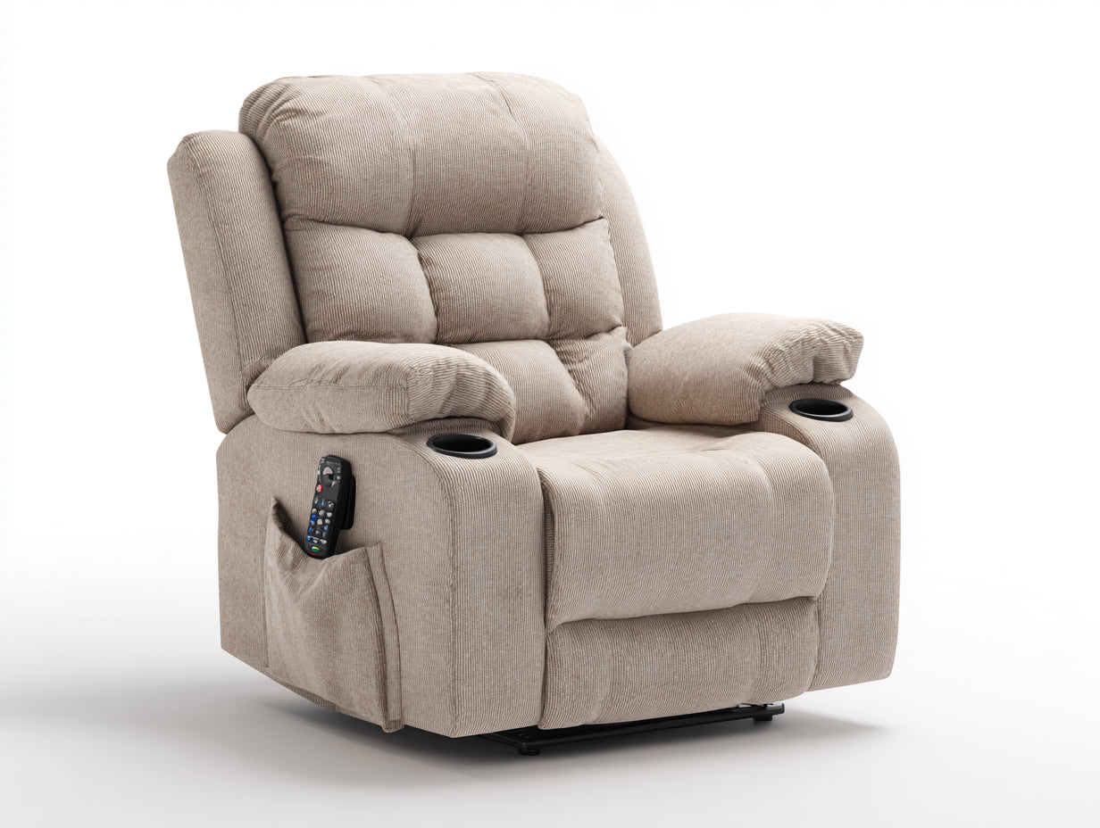 Sillones reclinables tapizados en tela acanalada 108x96x106 cm - beige - con portavasos y bolsillo lateral para salón