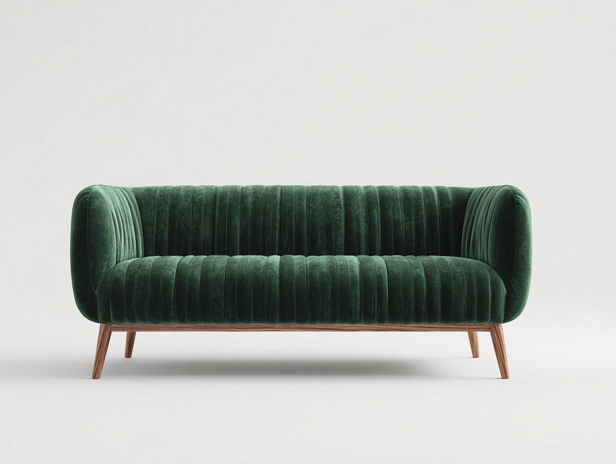 Sofás lineales de terciopelo verde oscuro 210x84x78 cm - Patas de madera - Diseño moderno para salón