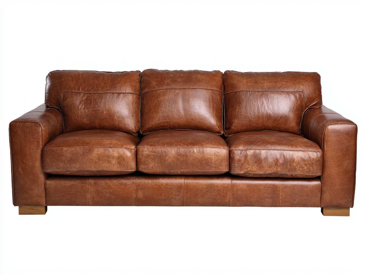 Sofás 3 plazas 222x88x84 cm - tapizado marrón efecto cuero y base de madera - diseño clásico